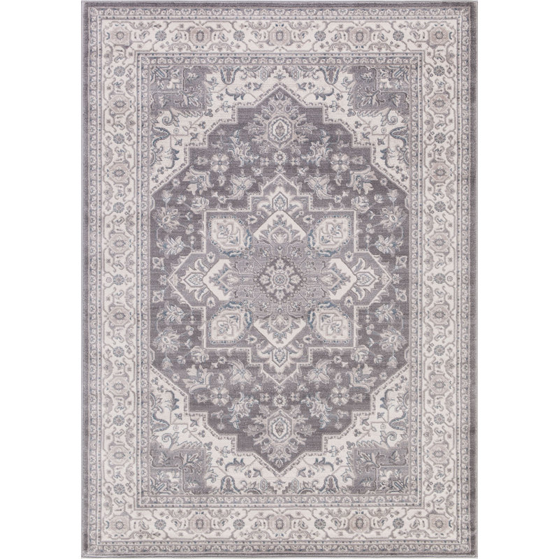 Tapis oriental gris tissé à la machine, Rond 7 pi
