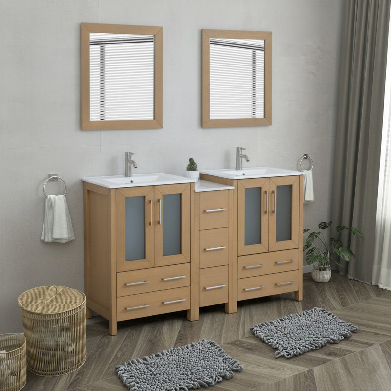 Ensemble de meuble-lavabo double 60 po avec dessus 60 po et miroir, Chêne naturel / nickel brossé