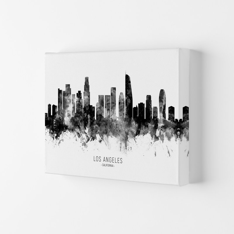 Los Angeles California Skyline Black White City Name by Michael Tompsett - Print, 21cm H x 29.7cm W x 4cm D, Wrapped Canvas