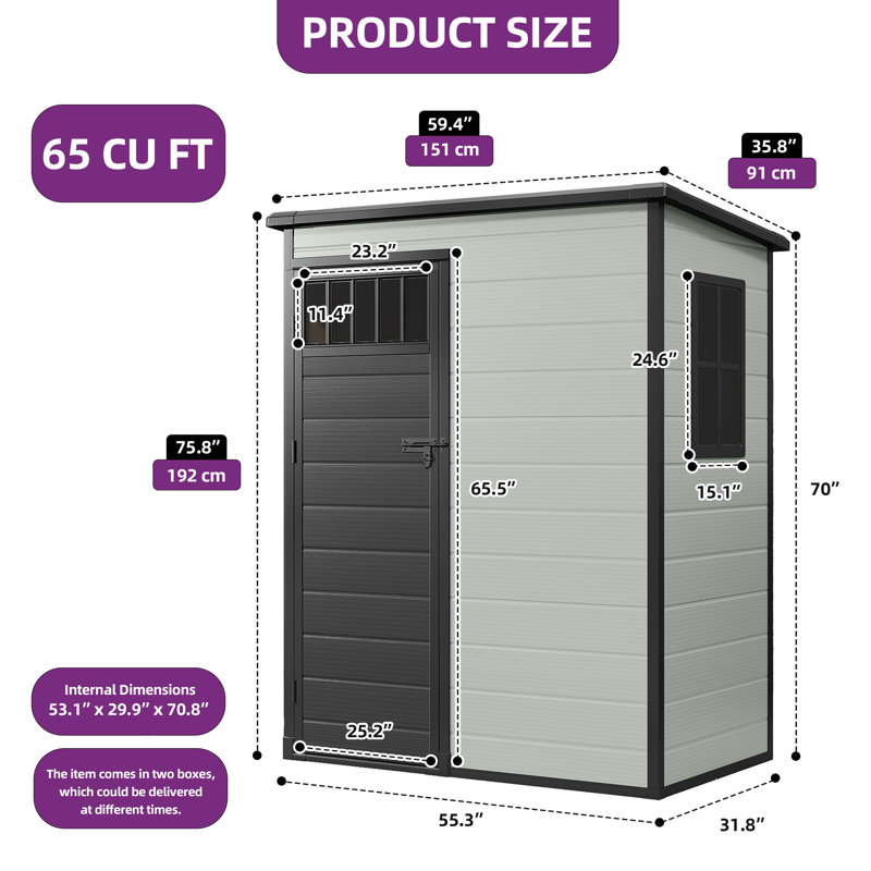  5x3ft Outdoor Storage Shed With Side Windows, Gray