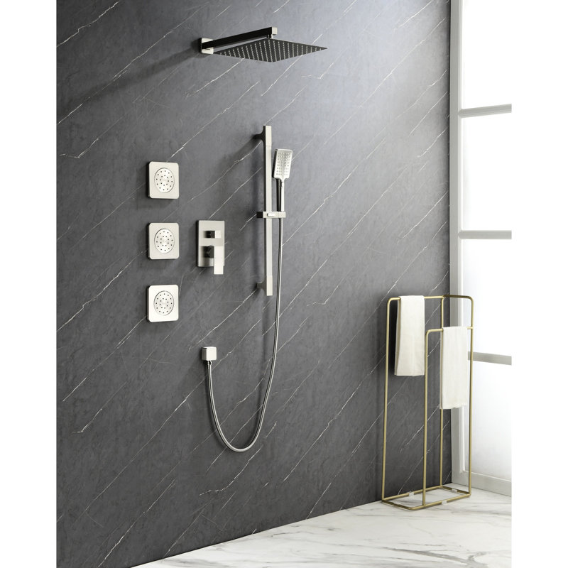 Arrangement de douche avec pomme de douche, douchette à main, jets de corps, garniture de robinet - tuyau élégant en nickel, barre coulissante