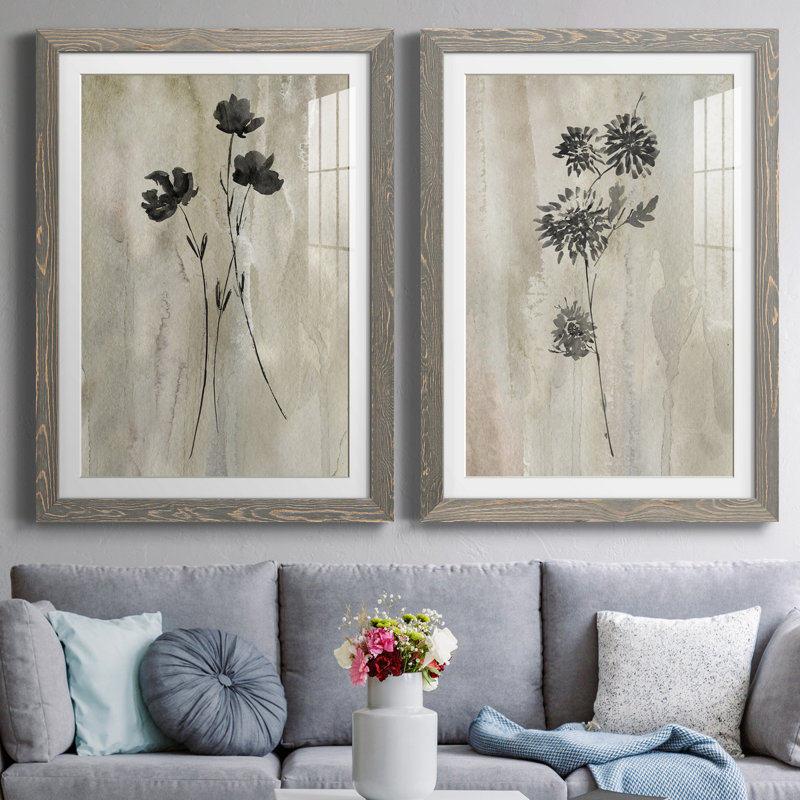 «Sumi-E Silhouette III», ensemble de 2 reproductions d'art, Impression encadrée avec passe-partout, H 44 po x l 31 po, Grey