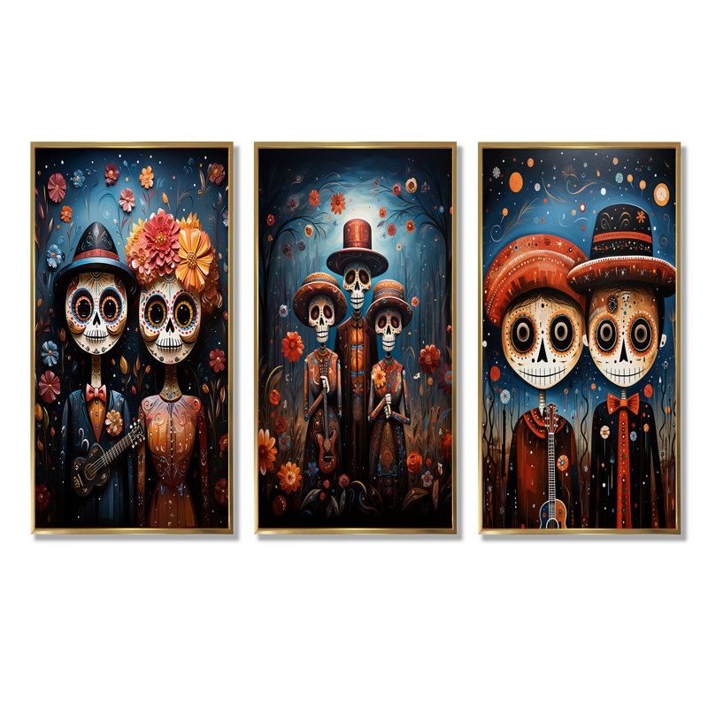 Jour de l'art mexicain, ensemble de salon 4 pièces, art mural mexicain, Cadre flottant doré, H 32 po x l 48 po