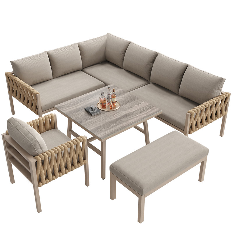 Outdoor Sectional Patio Set With Cushions, Beige Cushion/Brown Frame