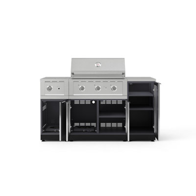 Outdoor Grill Island Aluminum Slate Gray 6 Piece Cabinet Set with 1-Door, Grill Cabinet, 33" Liquid Propane Gas Performance Grill, Side Burner and 16" Dekton Black Top
