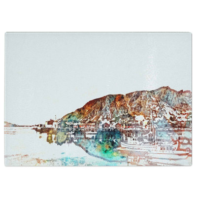 Tempered Glass Docked Boats in Ballstad Norway Chopping Board