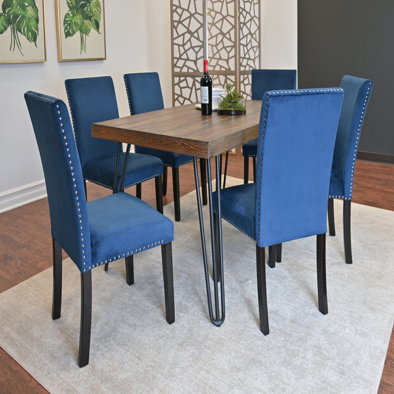 Ensemble de salle à manger 7 pièces, table à manger en épingle à cheveux avec 6 chaises , Bleu, 7 pièces : table, 6 chaises