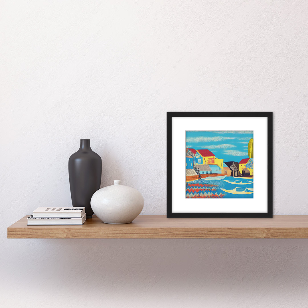 Contemporary Folk Fishing Harbour Village - Single Picture Frame Painting