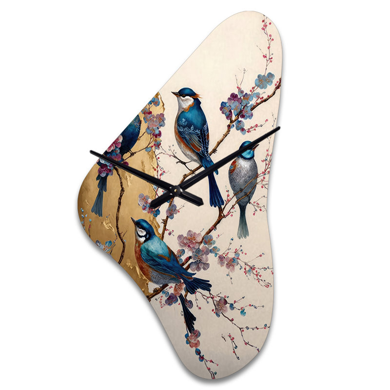 Multicolore oiseaux sur prunier II - horloges murales asymétriques en métal, horloge murale beige, Médium