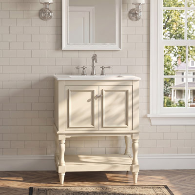 Meuble-lavabo de luxe moderne autoportant 24 po en bois massif + panneau de fibres à densité moyenne beige avec lavabo en céramique