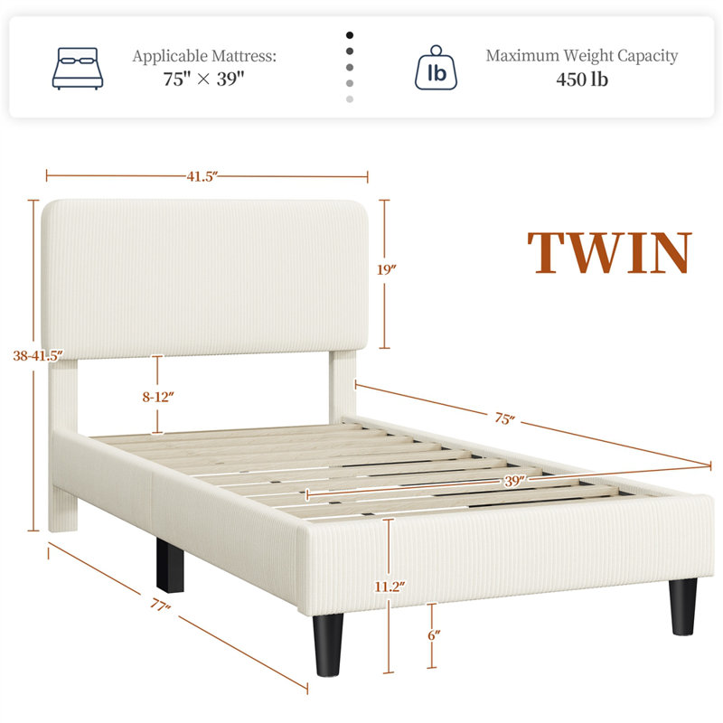Upholstered Bed Frame with Adjustable Headboard, Beige, Twin