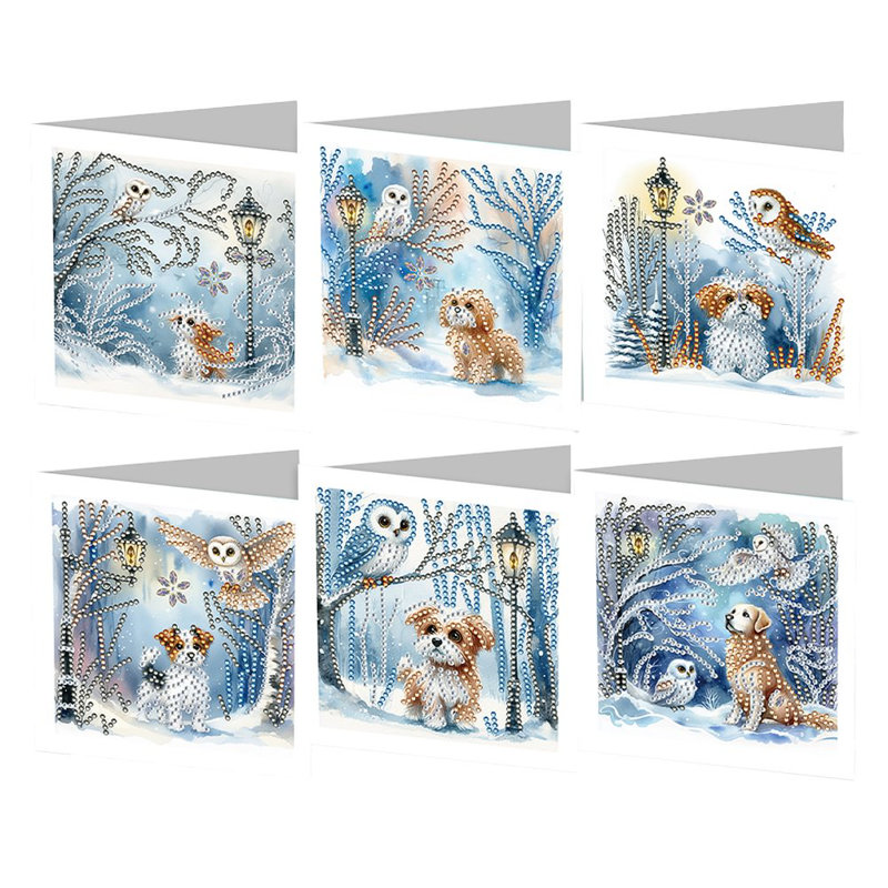 Syntego 6Pcs DIY Dogs In Snowy Trees Diamond Painting Greeting Thank You Christmas Cards Diamond Art Kit