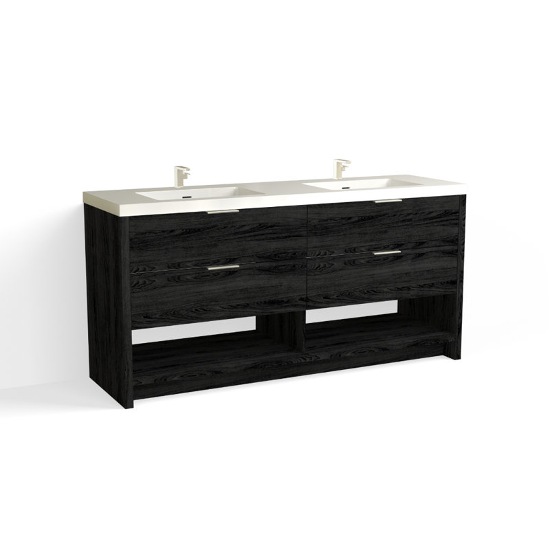 Vue 72" W Freestanding Double Bathroom Vanity, Nimbus, Glossy White/8" Widespread, Matte Black