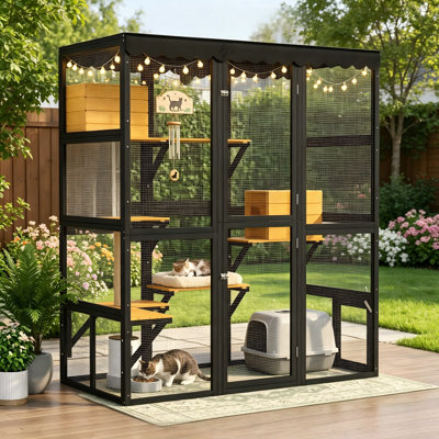 Large Wooden Walk-In Catio For Multiple Cats, Outdoor Cat Enclosure With Window Connection, 2 Condos, 5 Platforms, 4 Doors And Weatherproof Roof
