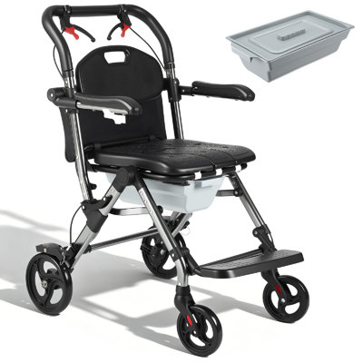 3-in-1 Bedside Commode Shower Wheelchair, Commode Chair for Toilet with Arms, Lockable Wheels, Detachable Bucket