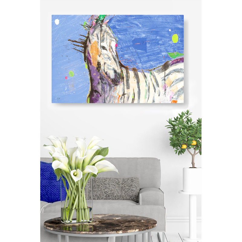Zèbre, animal abstrait, sur fond bleu, collage, H 24 po x l 36 po x P 1,5 po