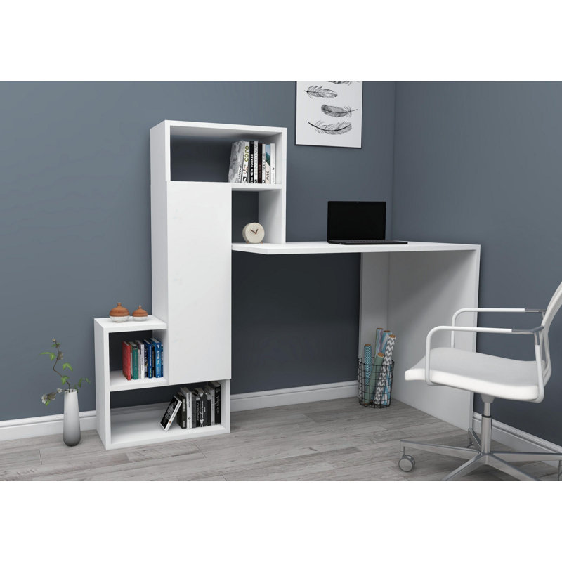 Bureau d'étude moderne avec de nombreuses tablettes, finition blanche, 54,5 po x 21,7 po x 46,9 po | 100% panneau de particules enduit de mélamine, épaisseur: 0,7 pouce | Conception murale, idéale pour les environnements scandinaves et scolaires
