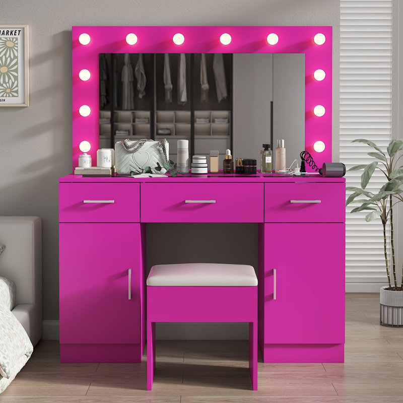 Ensemble de coiffeuse avec grand miroir lumineux à DEL et prise de courant, Mauve