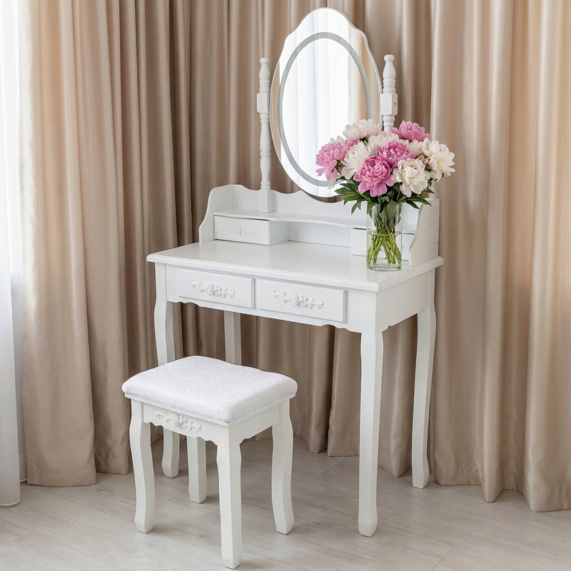 Princess Vanity Desk With Cushioned Stool & LED Mirror - For Bedroom Makeup Organization, White