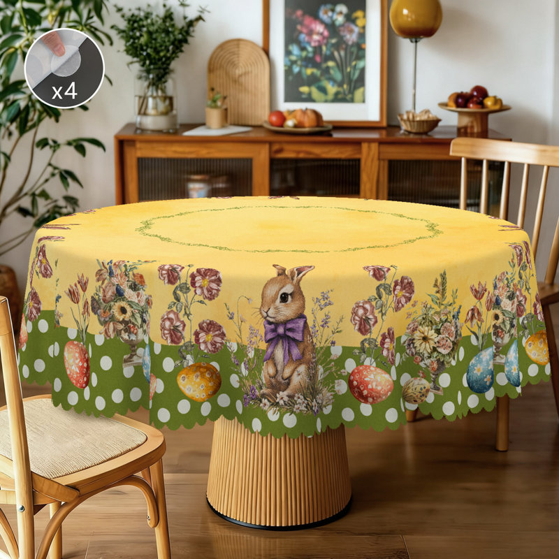 Machine-washable yellow Easter-themed polyester tablecloth, 59.8" Round