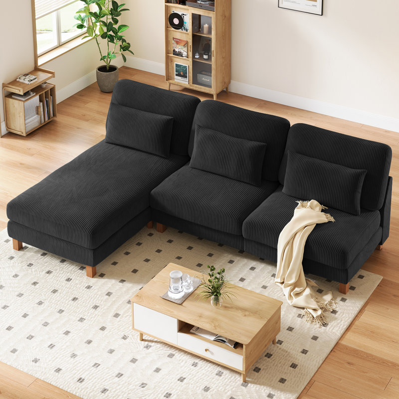 Modern 100" Corduroy Armless Modular Sofa With A Chaise Longue, Black Corduroy