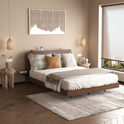 Floating Bed Frame Queen with Led Lights and Charging Station, Wood Queen Size Bed Frame with Storage Headboard, No Box Spring Needed, Easy Assembly