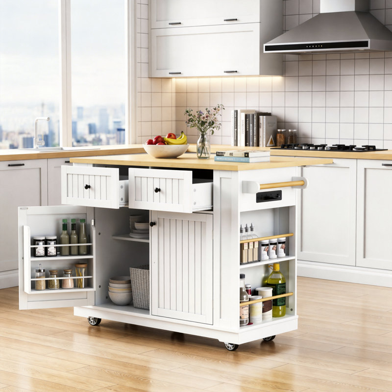 48.1-Inch White Kitchen Island With Folding Tabletop And Power Outlet, 5-Wheel Mobility, Built-In Storage Shelves With 5 Side Racks, And A Multi-Functional Kitchen Storage Cart (Stool Not Included).