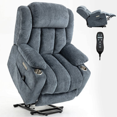 Up To 350 Lbs Chenille Power Lift Recliner Chair, Heavy Duty Motion Mechanism With 8-Point Vibration Massage And Lumbar Heating, Usb And Type-C Ports, Stainless Steel Cup Holders, Grey