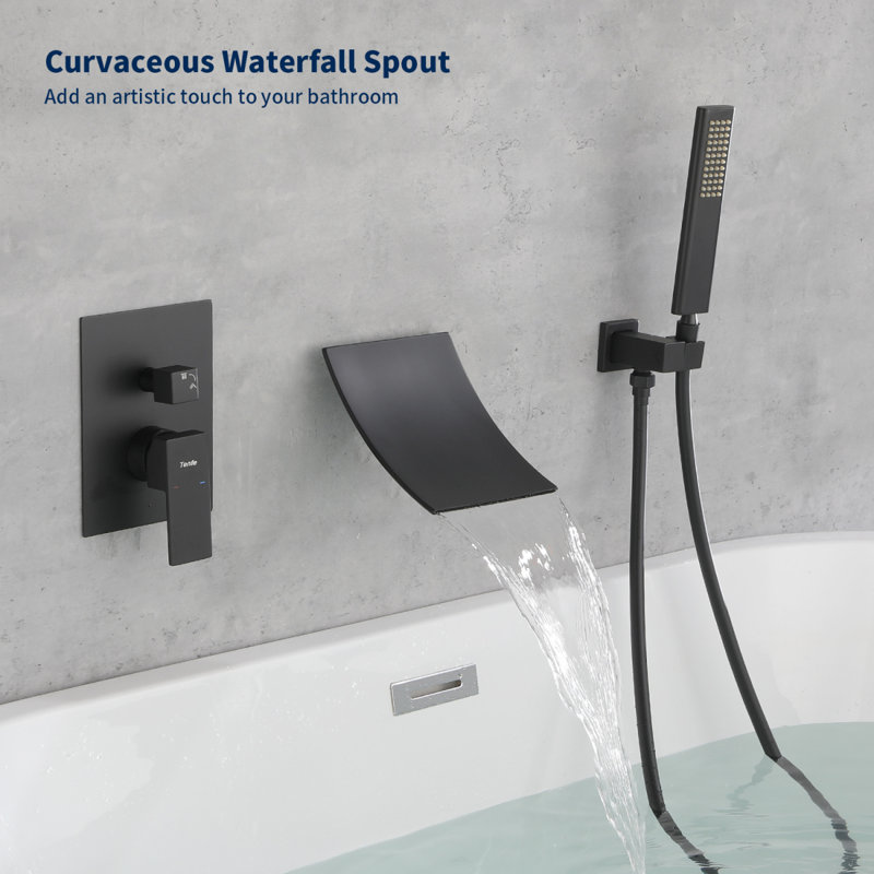 Male NPT Waterfall Shower Head With Handheld,Matte Black Bathtub Shower Faucet With High Flow Wall Mount Tub Faucet,Single Handle Bathroom Tub Mixer Tap Hand Shower System With Curved Spout Commercial