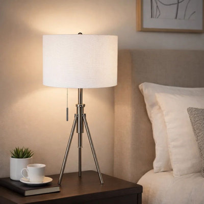 Lampe de table Simi, trépied réglable, abat-jour en lin blanc, métal nickel