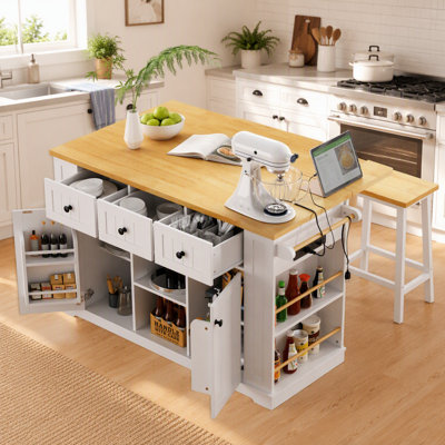 Grand îlot de cuisine de 53 pouces avec 2 tabourets de bar, prise de courant, support de rangement interne pour porte, chariot de rangement pour cuisine sur 5 roulettes avec abattant, 5 supports latéraux ouverts, 3 tiroirs (trois ensembles)