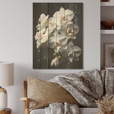 Orchidées blanches, pétales d'élégance - art sur bois de pin naturel