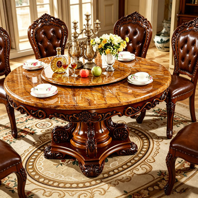 Table de salle à manger de qualité supérieure avec plateau en marbre d'ingénierie, base en bois massif et plateau tournant Lazy Susan