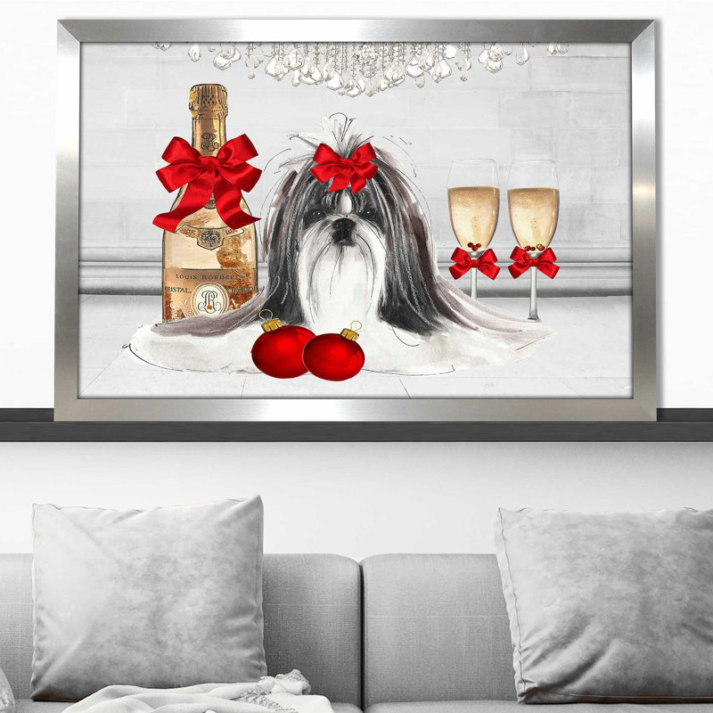 «Christmas Holiday Shih Tzu (Horizontal)» par Jodi - impression, H 33,5 po x l 49,5 po x P 1 po, Encadrement argenté