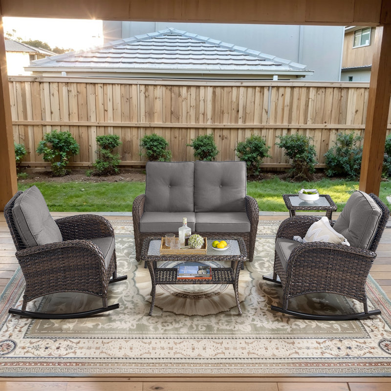 Gaetanino 5-Pieces Outdoor Wicker Seating Group With Cushions, Brown, Gray