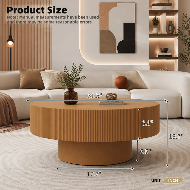 Table basse ronde avec conception cannelée et assemblage facile, style moderne, L 31,5 po, Naturel