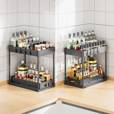 2Pack Under Sink Organizers And Storage, 2 Tier Pull Out Kitchen Bathroom Cabinet Organizer, Under Sink Storage For Bathroom Kitchen, Under Counter Storage Organizer With 8 Hooks