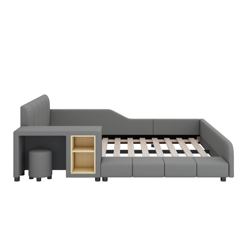 Lit double tapissier pleine grandeur, lit combiné mère-enfant avec table d'appoint et mini tabouret, Gris