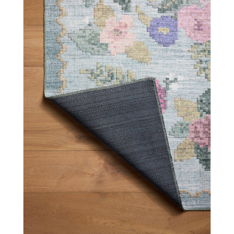 Sky Blue Floral Synthetic Area Rug, 3'-9" x 5'-6"