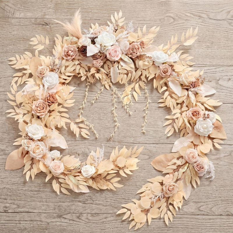 Guirlande de fleurs - 9 pi Eucalyptus et rose - décoration de table rose chérie pour réception de mariage, Beige