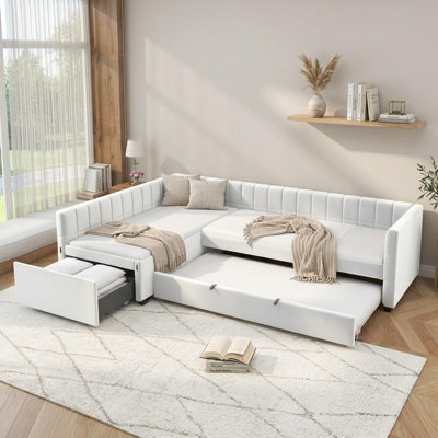 Lit de jour rembourré en L avec lit gigogne coulissant et grand tiroir de rangement, canapé-lit multifonctionnel pour petits espaces, lit de jour capitonné moderne disponible en beige, gris et rose