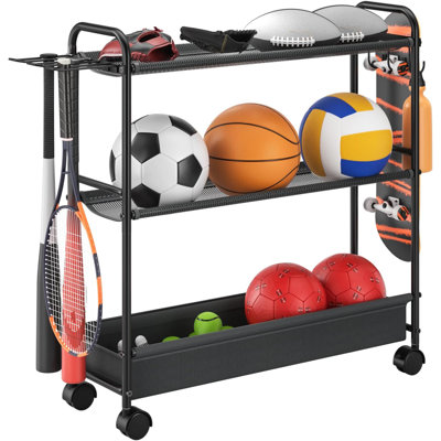 Basketball Rack 3-Shelf Training Stand, Garage Sports Equipment Organizer - Rolling Ball Storage Rack