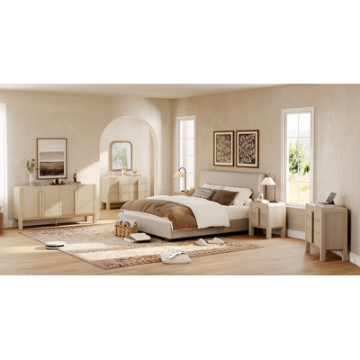 Ensemble de commode et de table de chevet Mid-Century moderne pour chambre à coucher, ensemble de chambre à coucher 5 pièces avec profil incurvé, ensemble de table de chevet de 2, ensemble d'armoires de rangement en bois
