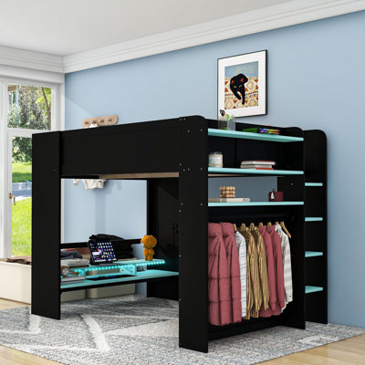 Full Wooden Loft Bed With Light Strip, Desk, USB Port And Ample Storage Space