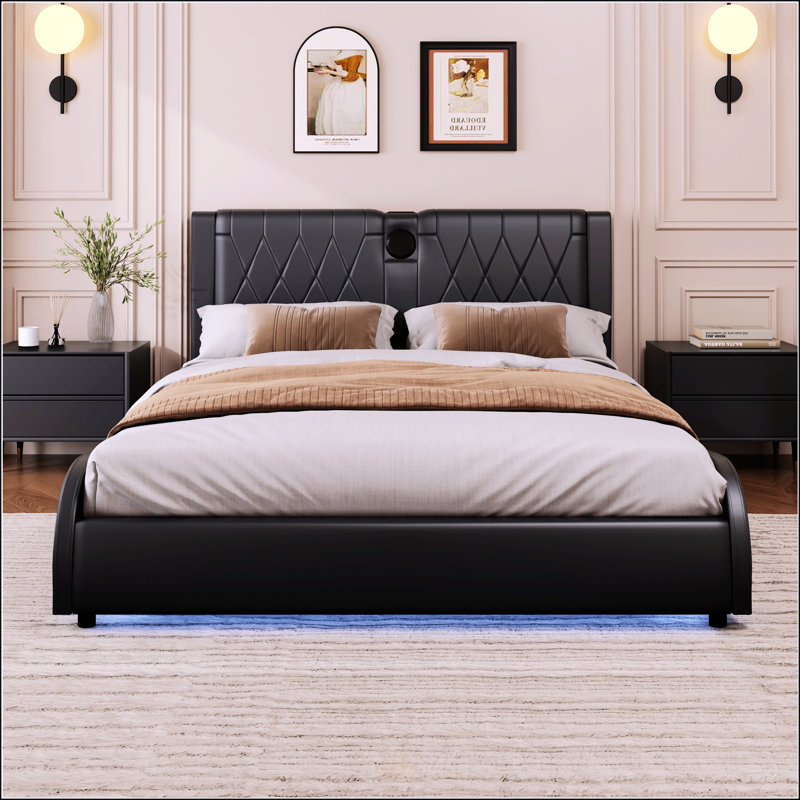 Lit plateforme tapissier double en similicuir pleine grandeur, Double, Blanc
