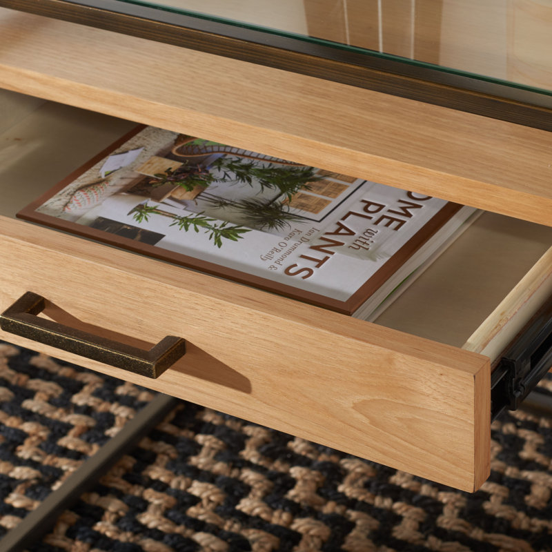 Glass End Table with Storage, Natural/Antique Brass