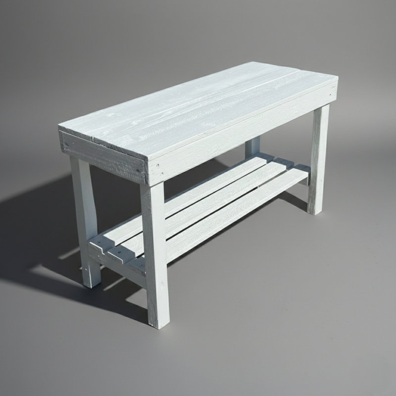 Farmhouse Rustic Bench with Storage Shelf, White