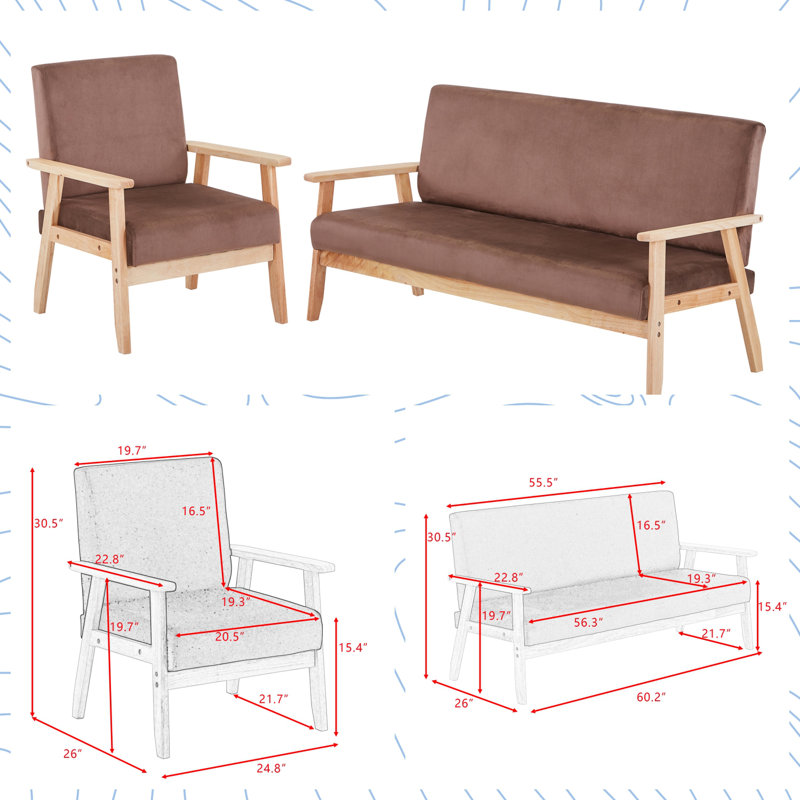 Canapé 60 po en velours et fauteuil d'appoint pour salon, ensemble de fauteuils relaxant de style Mid-Century avec structure en bois massif et coussin moelleux
