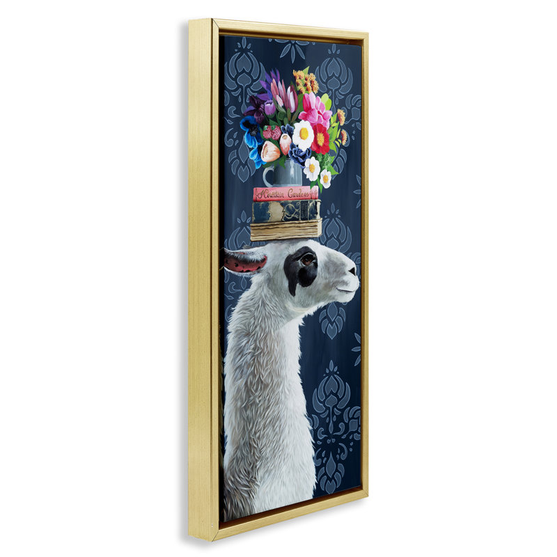 Lama avec cadre flottant livre et arrangement floral, design par Heather Gauthier, H 25 po x l 11 po