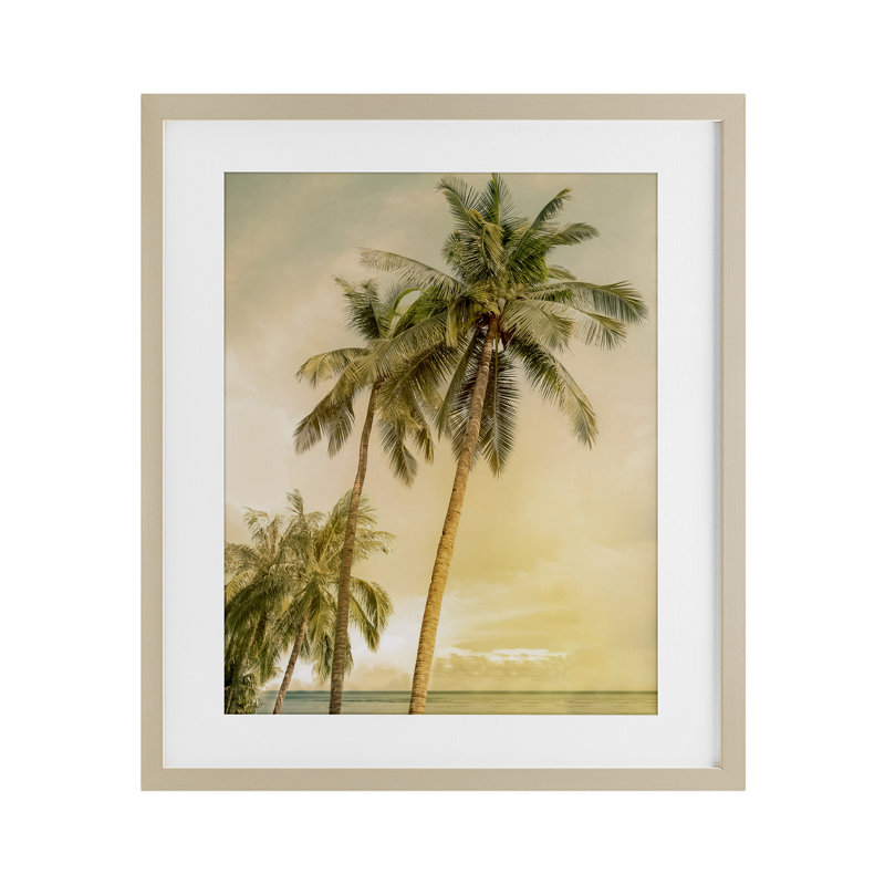 Sunrise Palm Trees, reproduction encadrée sous verre, conception de Mike Calascibetta, Cadre de récolte en pin
